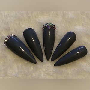 Long stiletto dark gray press on nails handmade custom gel rhinestones